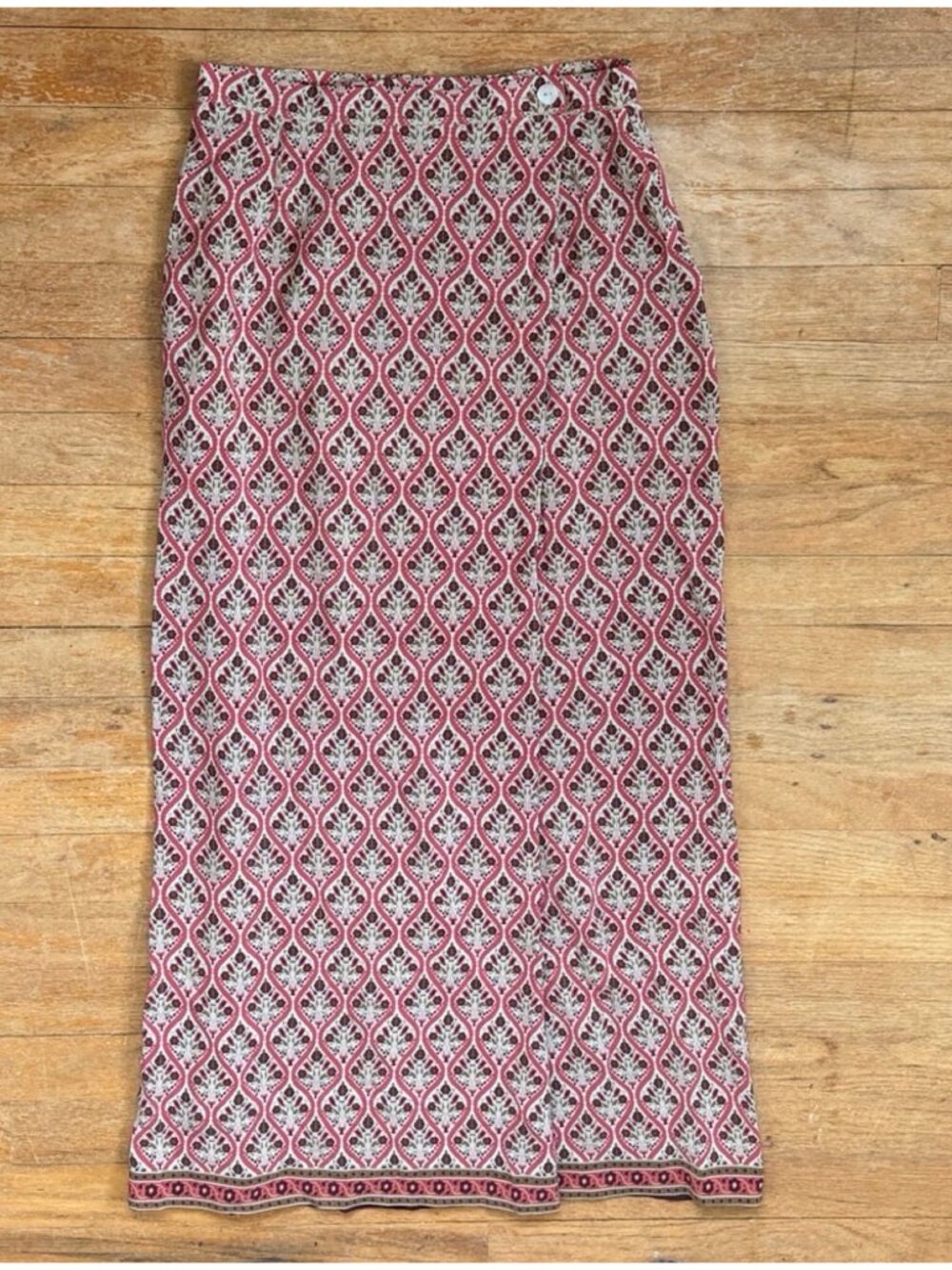 Vintage Floral Silk Maxi Skirt Size XS 26" Waist 90s Long Damask Print Wrap Look